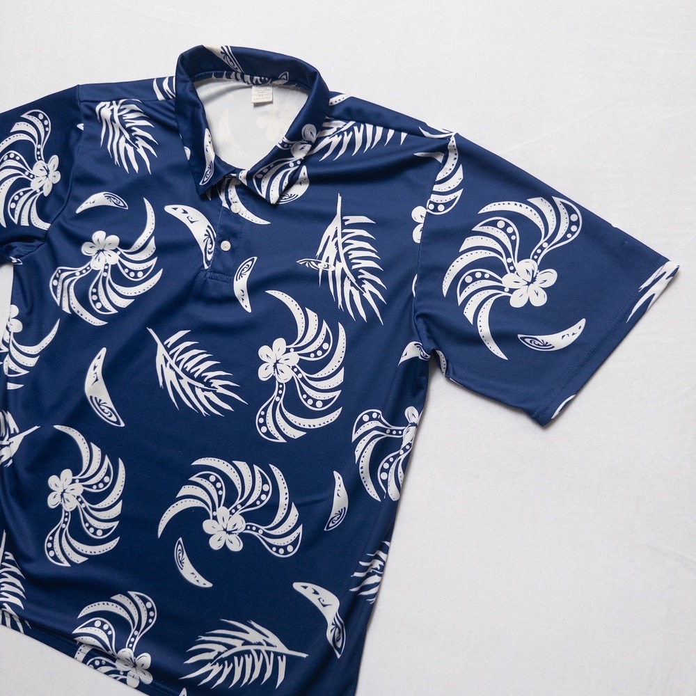 Palmwave Hawaii Polo Shirt Mens L Blueโ White Tropical Floral - Picture 5 of 17